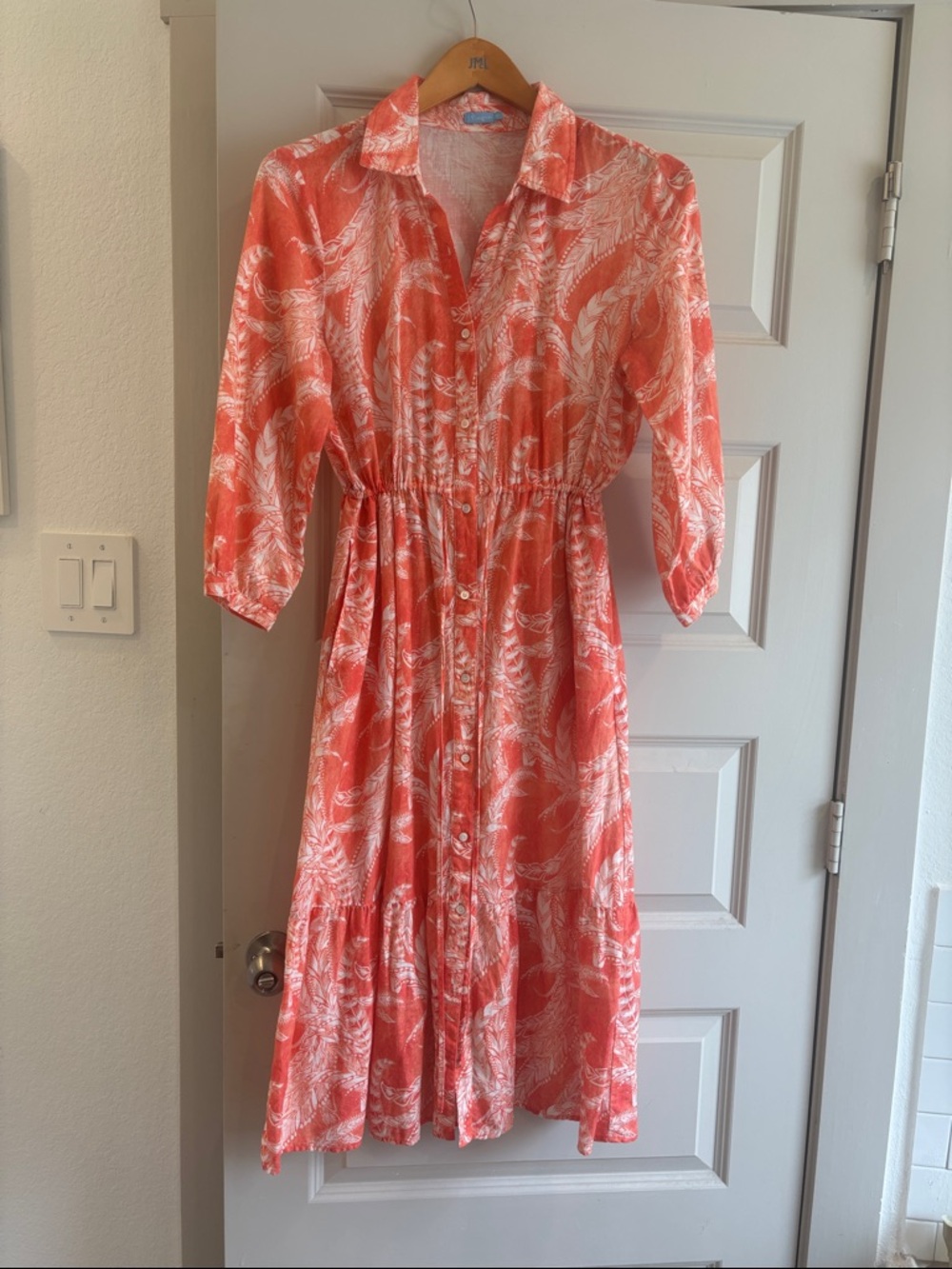 J. McLaughlin Coral and White Button-Front Midi Dress